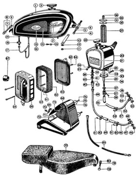 Velocette motorcycle petrol and oil tank parts view